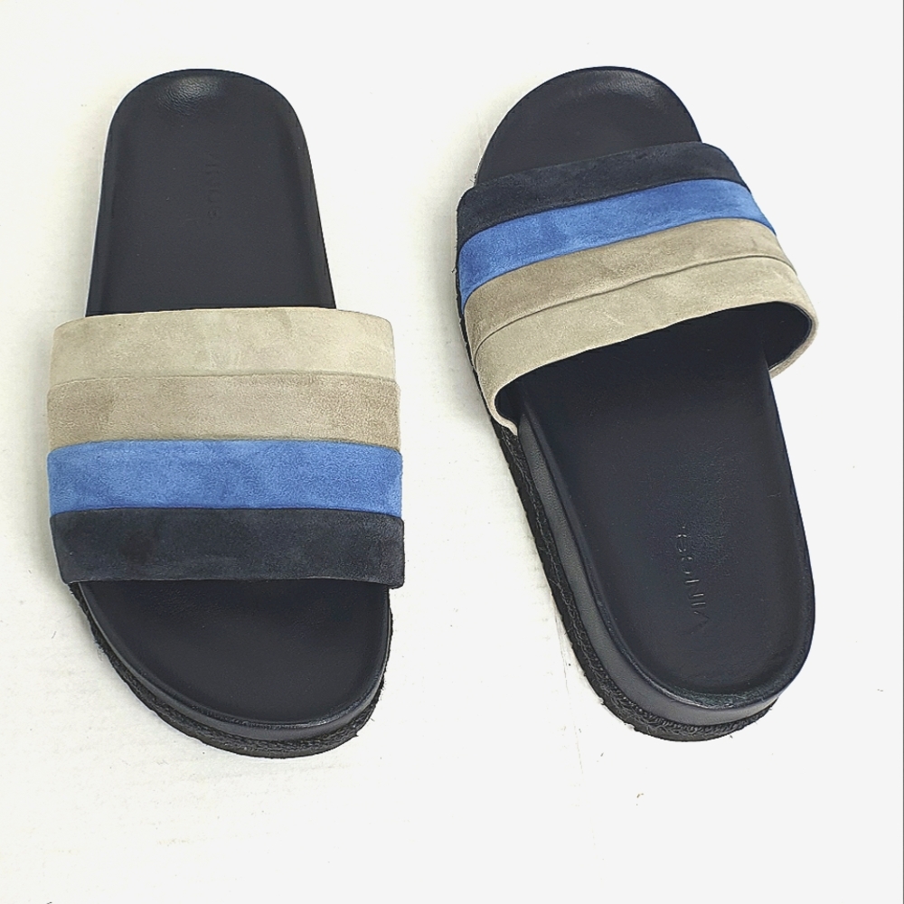 Vince ALISA Slide blue gray navy stripe leather suede slip-on sandals size 9